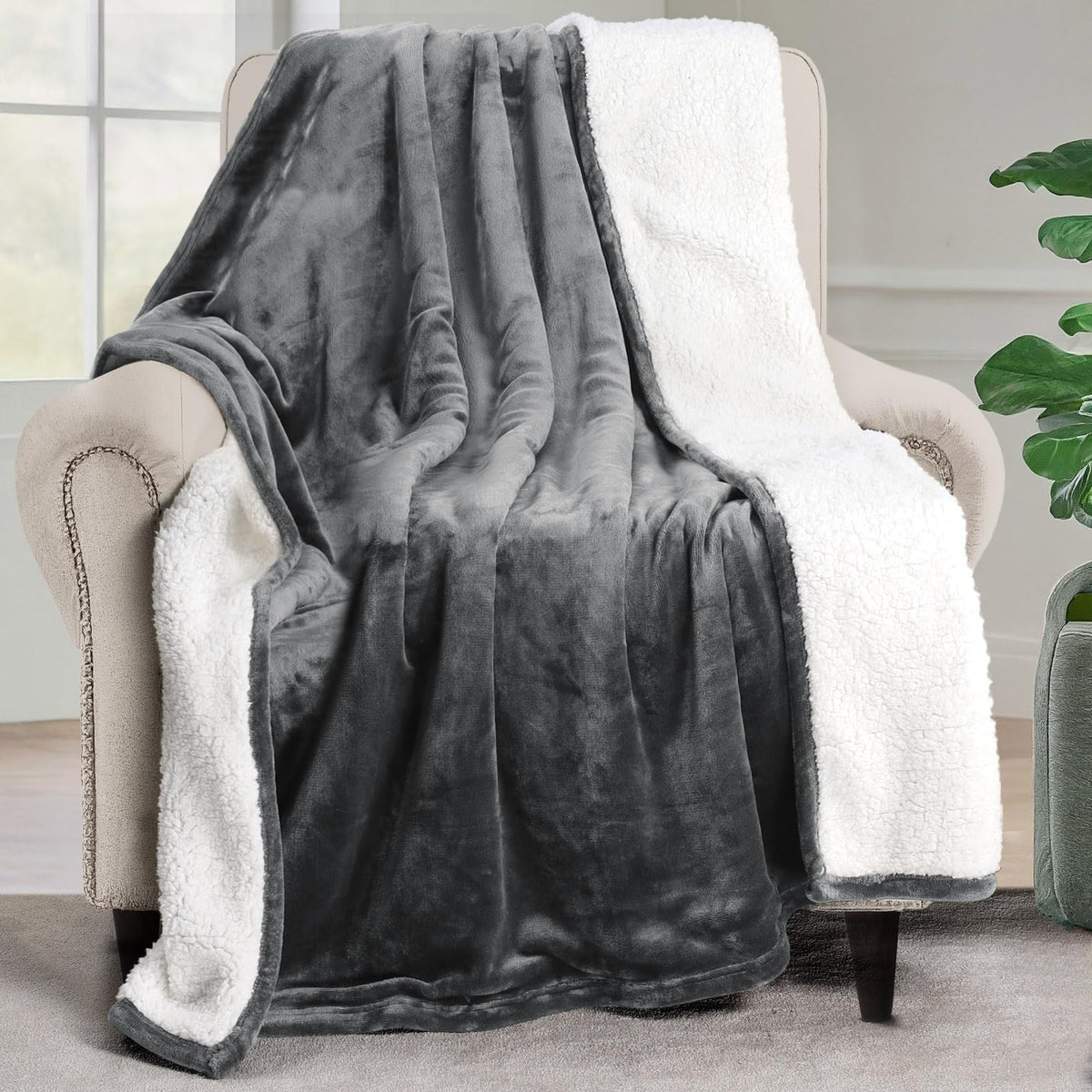 Utopia Bedding Reversible Plush Sherpa Blanket Queen Size Grey, 90x90 Inch