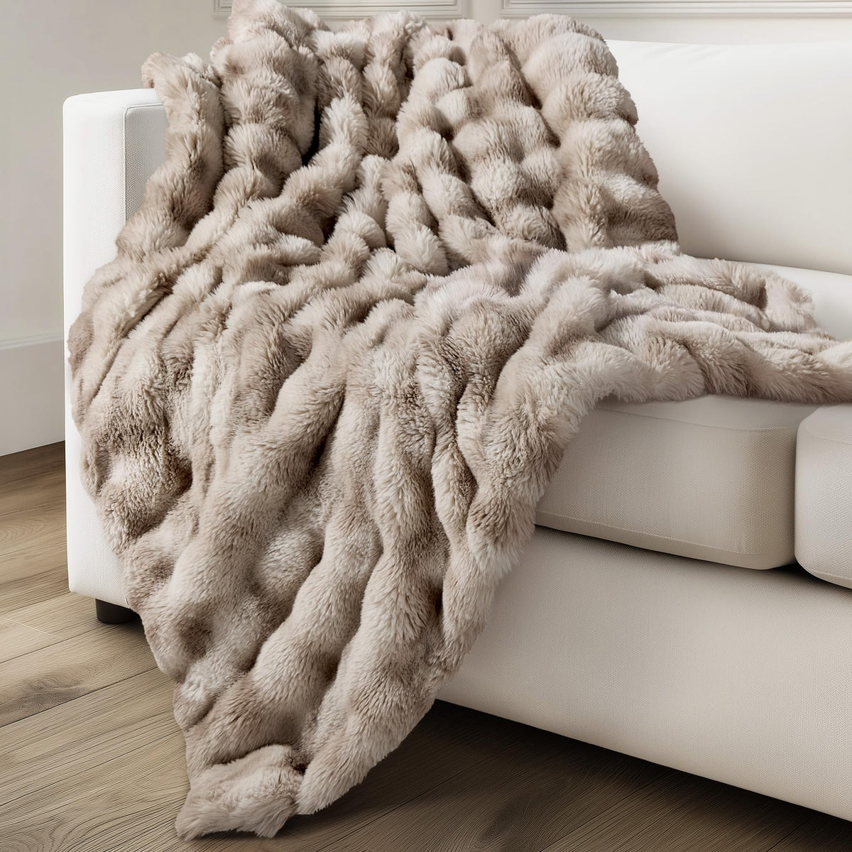 Ultra Soft Cozy Faux Fur Throw Blanket, Fuzzy Plush Thick Bubble Blanket, Luxury Fluffy Blanket for Couch, Sofa, Bedroom, and Living Room, 50x60 Inches, Cream White