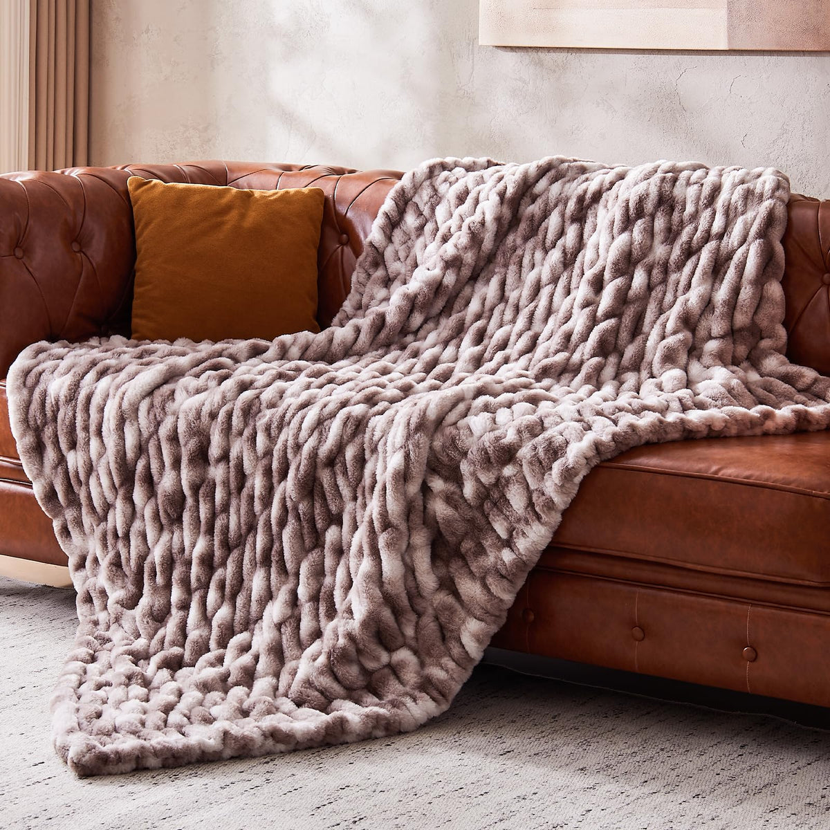 Double Sided Ruched Faux Rabbit Fur Throw Blanket,50x60 CaramelCream