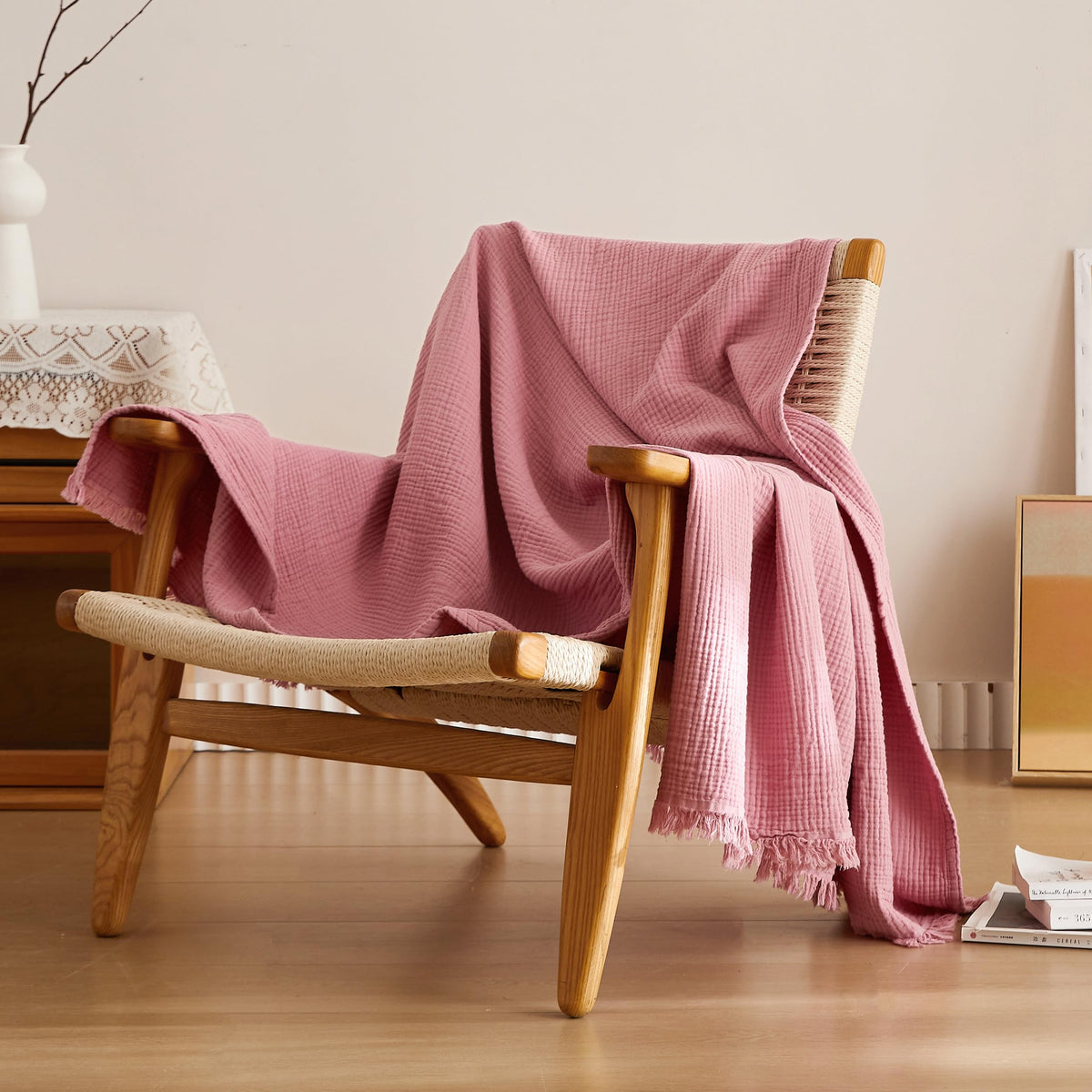 Simple&Opulence Cotton Muslin Throw Blanket 4 Layers for Bed, Couch, Woven Gauze Blanket with Tassels, Soft Lightweight Cozy Pre-Washed Breathable Farmhouse Decoration for All-Season(Light Khaki)