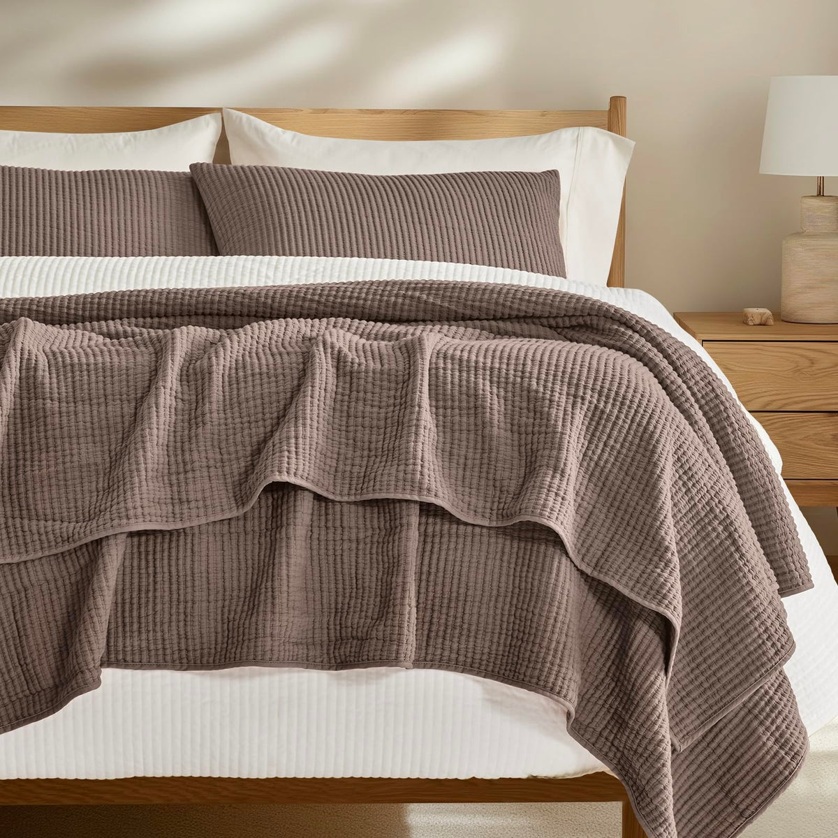 EVERGRACEHOME Cotton Ribbed Matelassé Coverlet Set, Queen Size, Ivory White