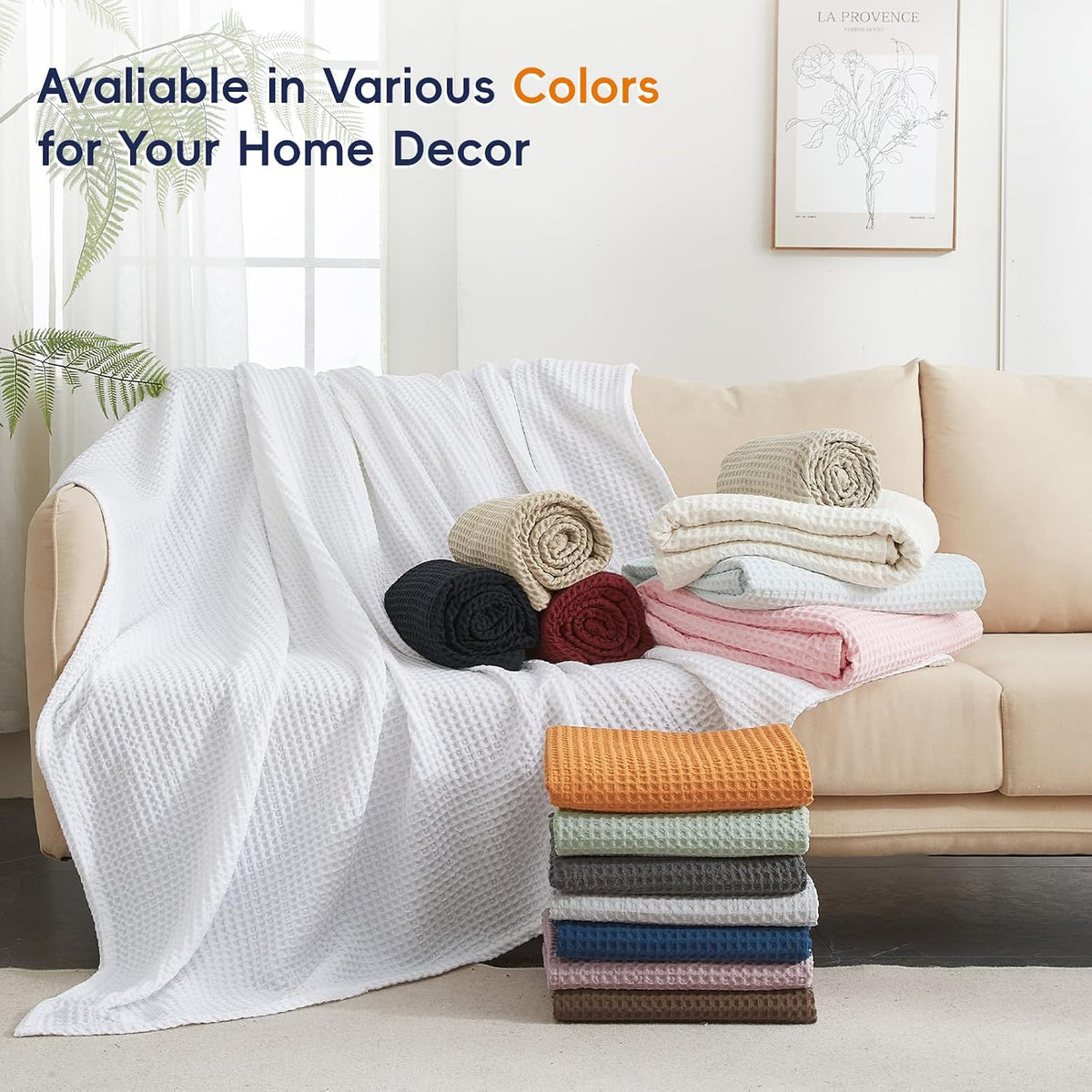 PHF Ultra Soft Waffle Weave Blanket for Bed, Queen Size, Light Khaki/Linen
