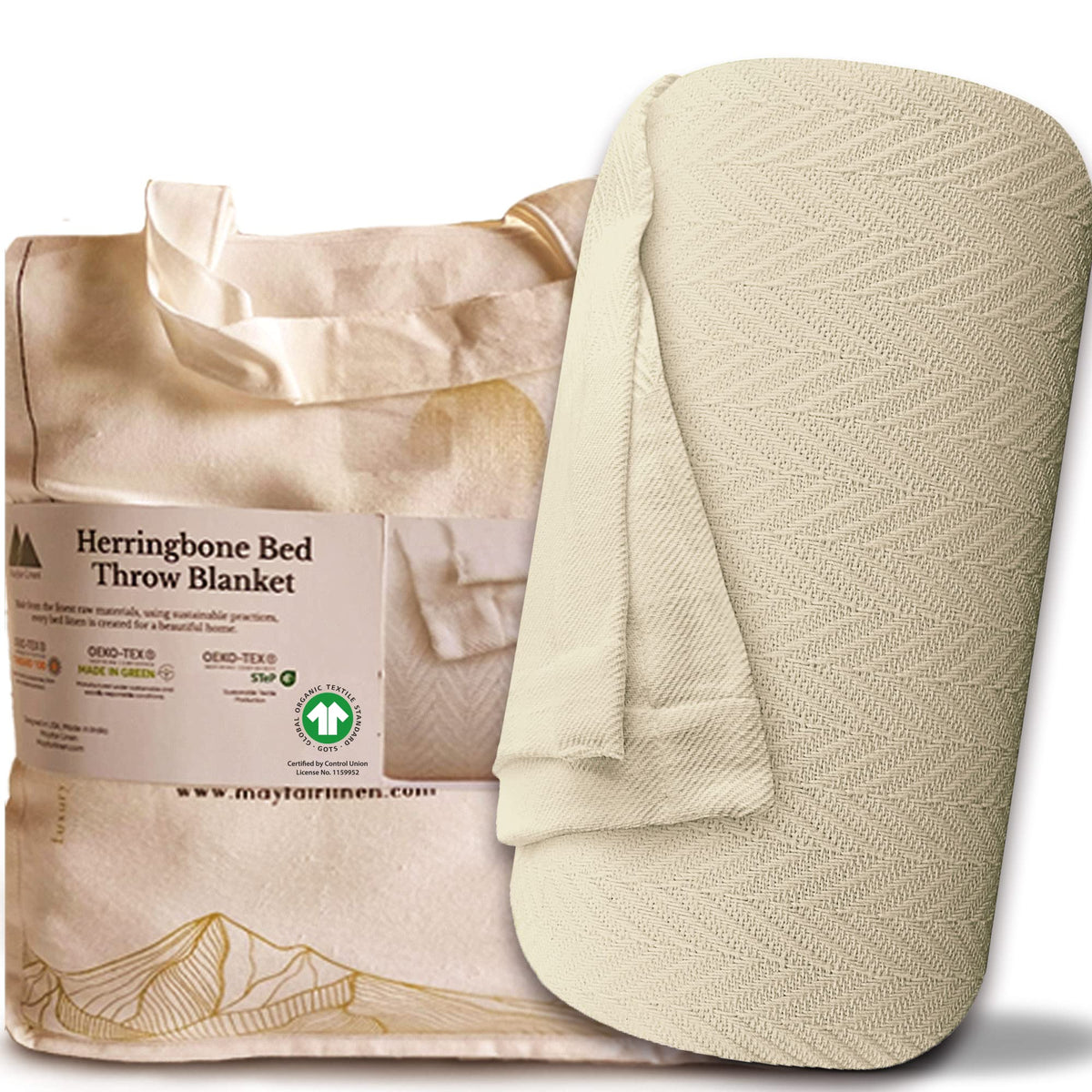 Mayfair Linen Knitted Geometric Herringbone Pattern Handwoven Blanket 100% Long Staple Cotton - Soft & Cozy Thermal All Season Throw for Bed Couch Chair Outdoors (Twin/Twin XL, White)