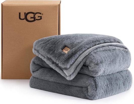 UGG Euphoria Throw Blanket, Plush Faux Fur Blanket, 50" x 70", Grey Blue