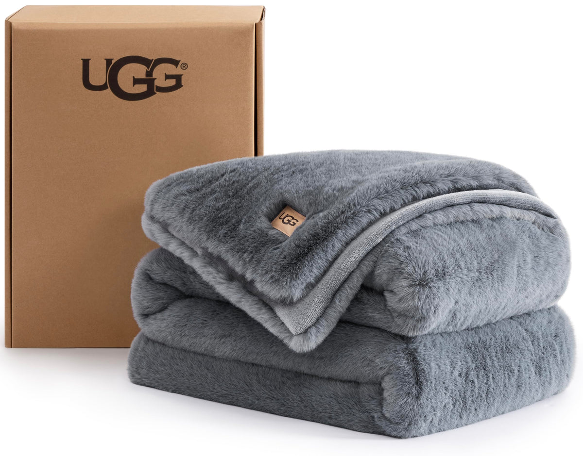 UGG Euphoria Throw Blanket, Plush Faux Fur Blanket, 50" x 70", Grey Blue