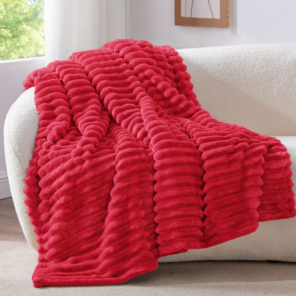 BEDELITE Ribbed Fleece Throw Blanket for Couch, Cream, 50"x60"