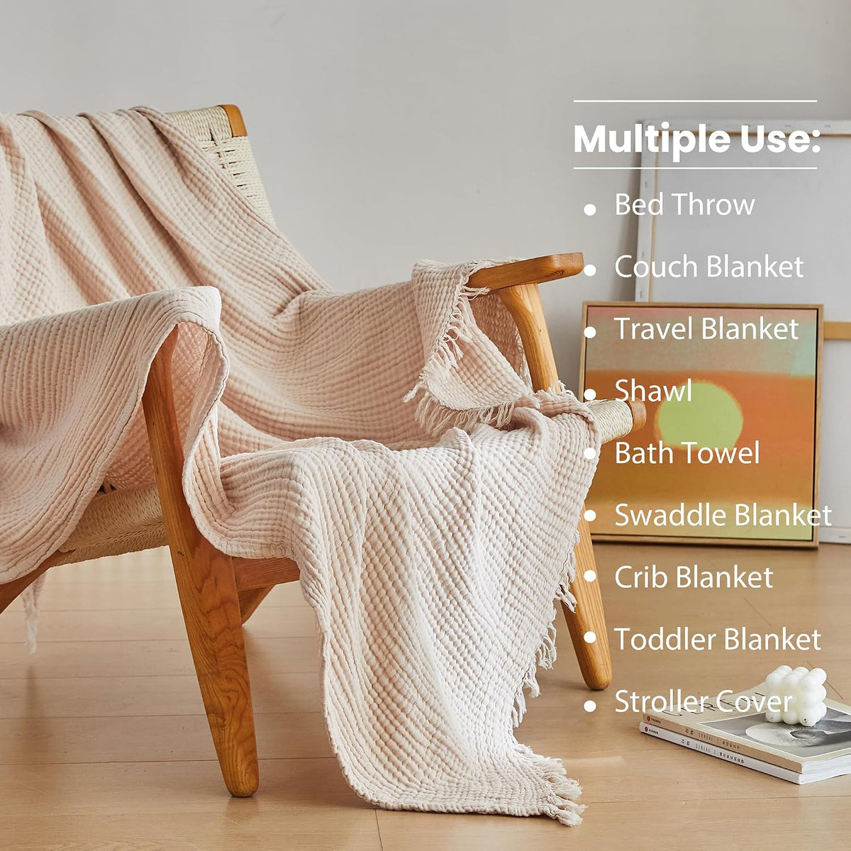 Simple&Opulence Cotton Muslin Throw Blanket 4 Layers for Bed, Couch, Woven Gauze Blanket with Tassels, Soft Lightweight Cozy Pre-Washed Breathable Farmhouse Decoration for All-Season(Light Khaki)