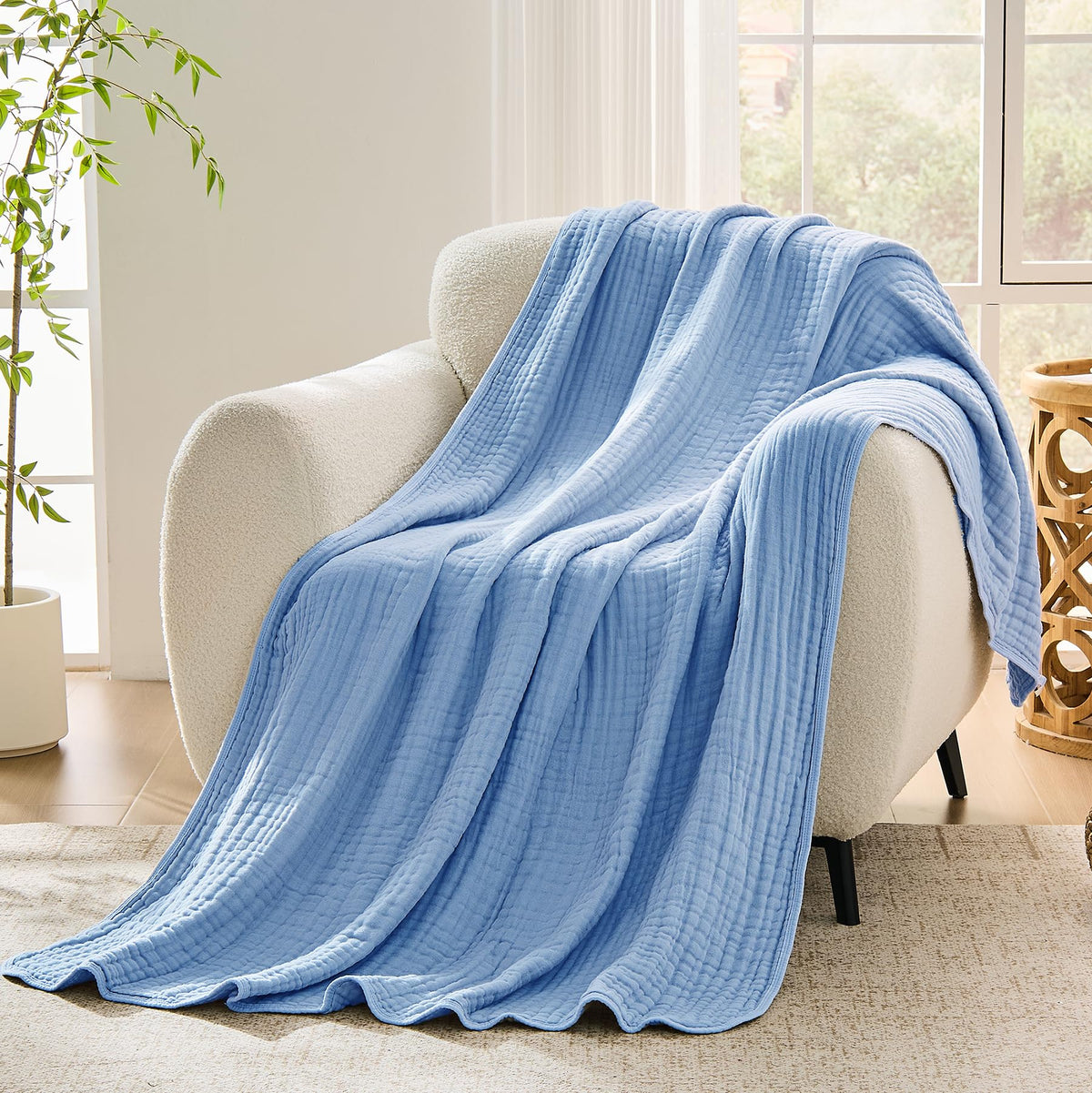VANJOROY Muslin Throw Blanket for Adults, 100% Cotton 9-Layer 50x70, Beige