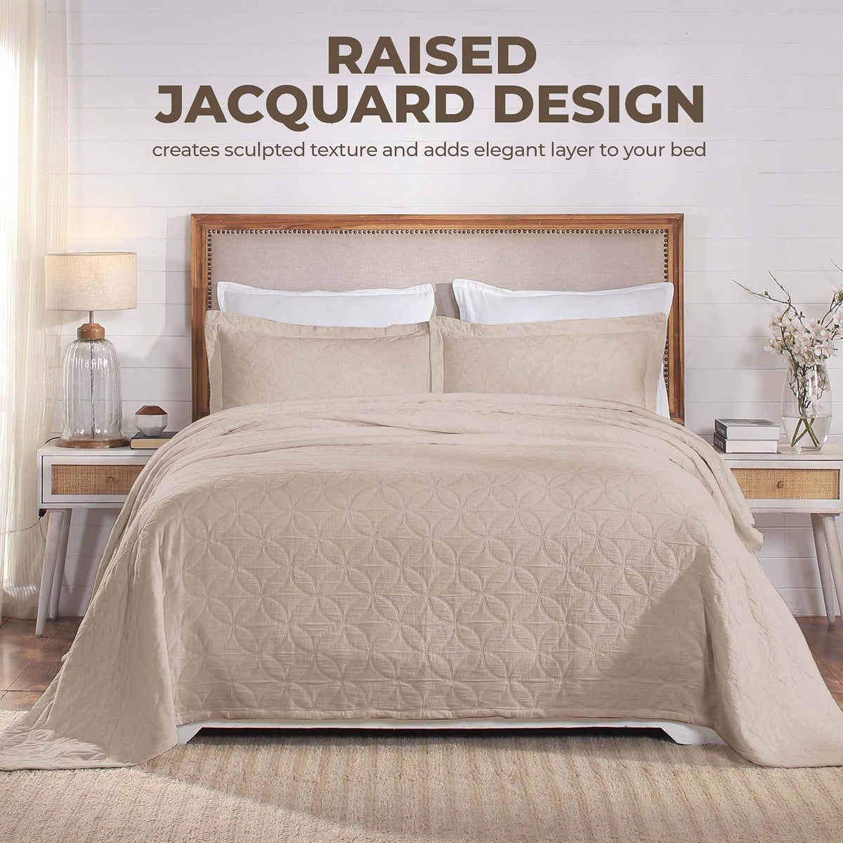 SUPERIOR Cotton 3-Piece Bedspread Set, 1 Medium Weight Bedspread, 2 Pillow Shams, Home Bed Decor, Warm Bedding, Matelasse Woven Oversized Blanket, Geometric Circles, Serenity Collection, King, Linen
