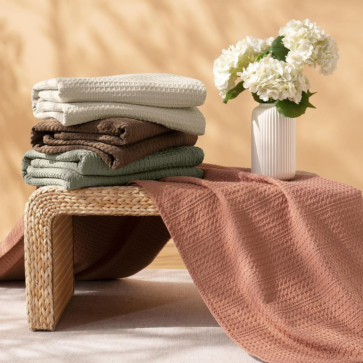 PHF Lightweight Waffle Weave Blanket Queen Size 90"x 90", Soft Woven All‑Season Blanket for Hot Sleepers - Aesthetic Home Decor for Couch Bed Sofa, Pet Friendly, Natural/Linen