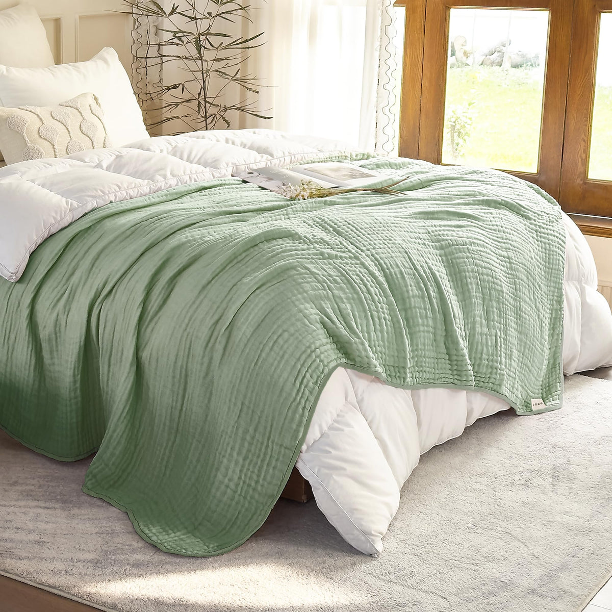 SANACYNA Cotton Muslin Throw Blanket for Adults 6-Layer Gauze Checkerboard