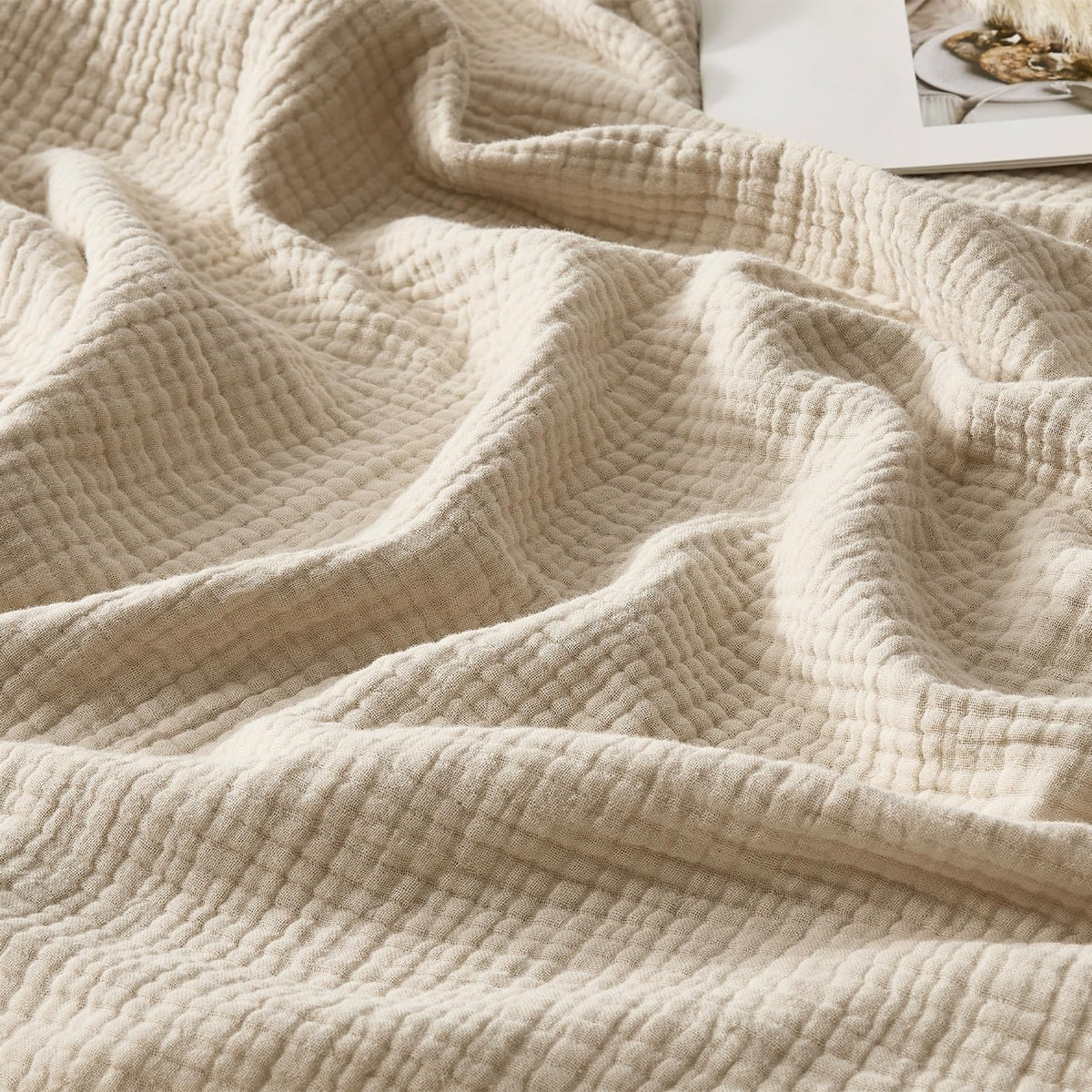 WDCOZY 100% Cotton Muslin Blanket King Size 4-Layer for Bed Breathable Lightweight Soft Large Boho Farmhouse Linen Tassels Ruffle Gauze Blankets All Season for Adults 108x90 Inches White