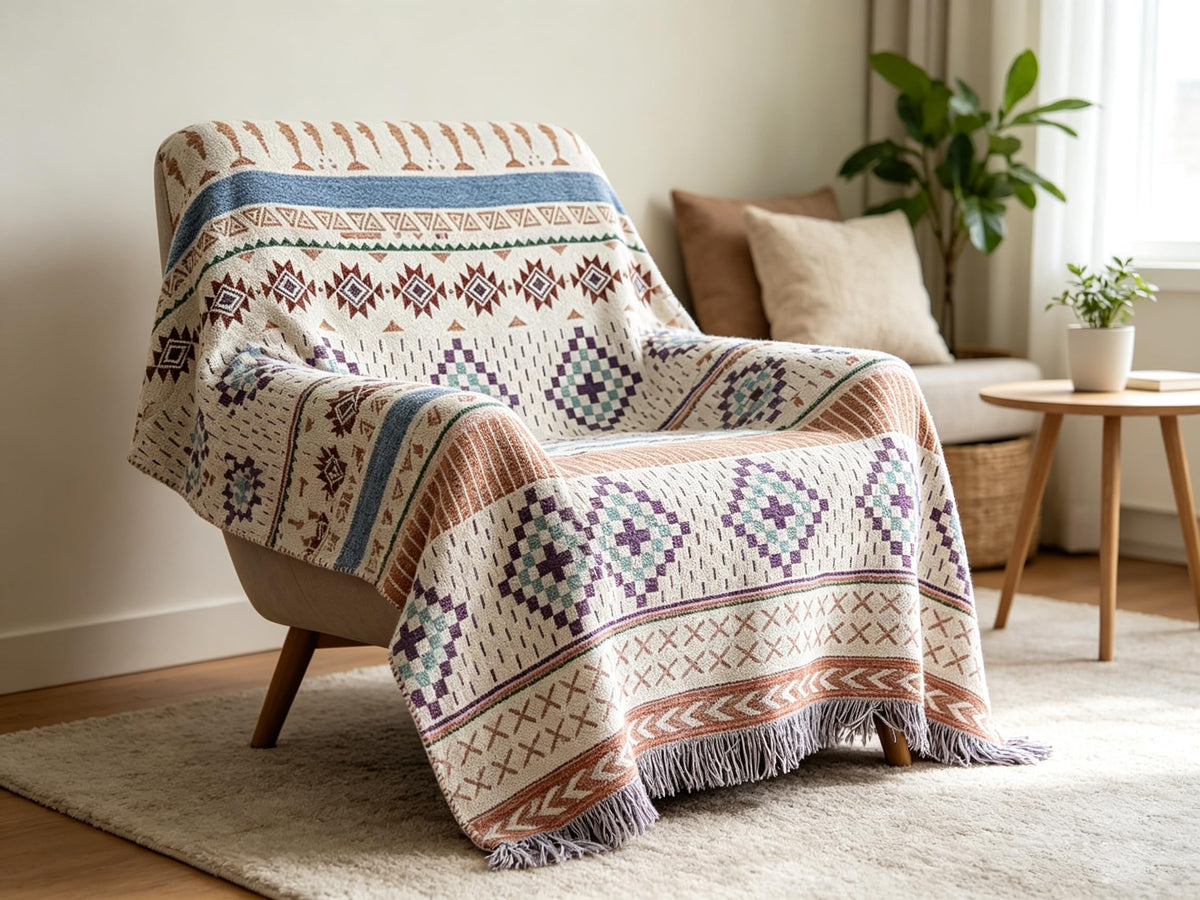 Luxlovery Aztec Sofa Throw Blankets Blue Ethnic Woven Boho Dusty Blue Color Bohemian Woven Throw Blanket for Couch Aztec Bed Throws Oversized Chair Sofa Cover with Tassels(63"x102")