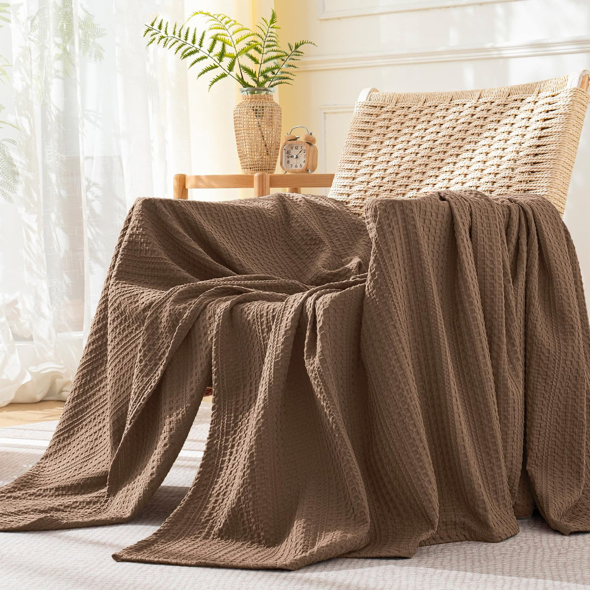 PHF Lightweight Waffle Weave Blanket Queen Size 90"x 90", Soft Woven All‑Season Blanket for Hot Sleepers - Aesthetic Home Decor for Couch Bed Sofa, Pet Friendly, Natural/Linen