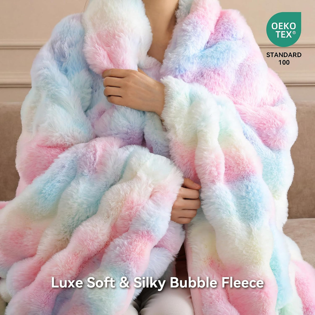 Smoofy Faux Rabbit Fur Throw for Couch - Rainbow Bubble Blanket 50"x60"
