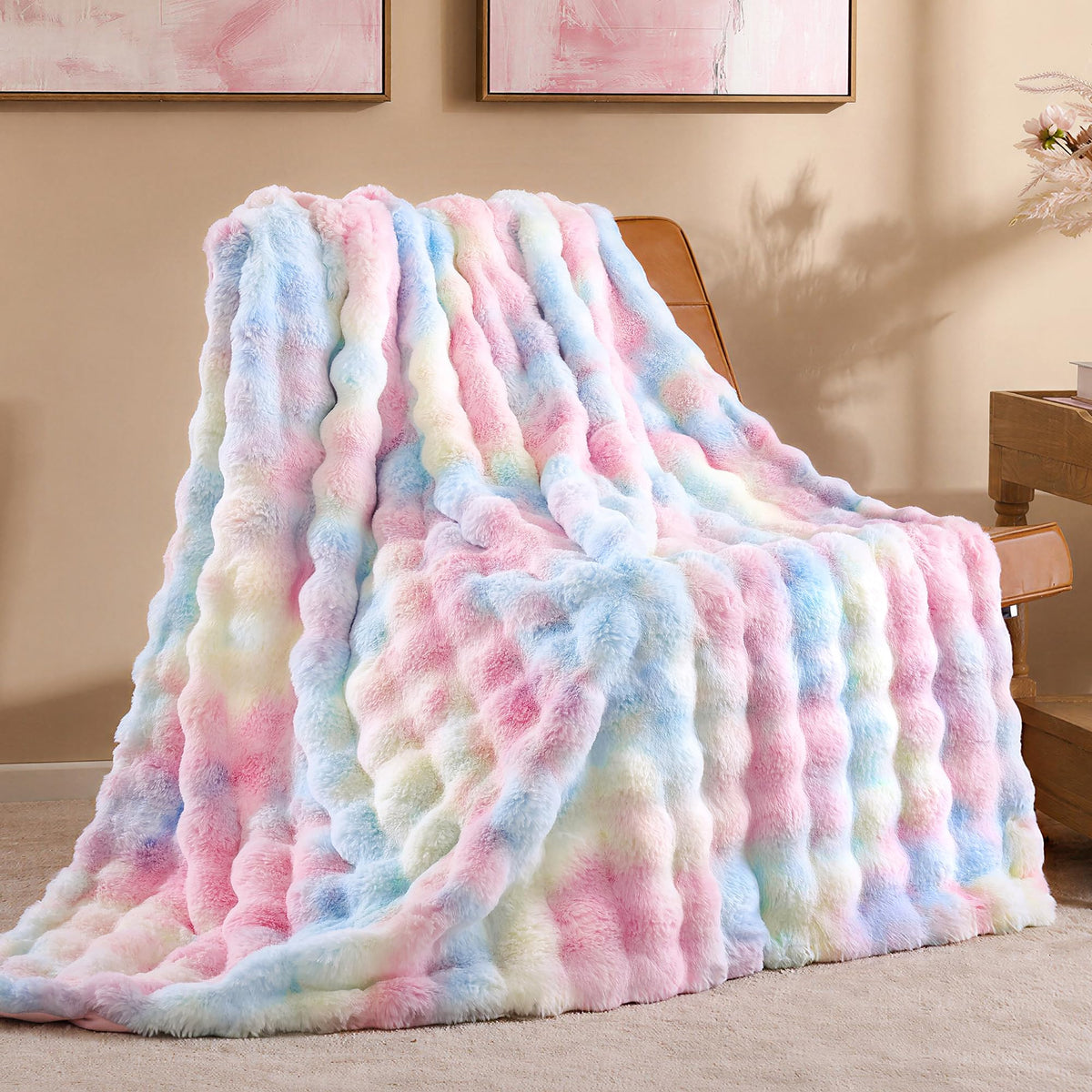 Smoofy Faux Rabbit Fur Throw for Couch - Rainbow Bubble Blanket 50"x60"