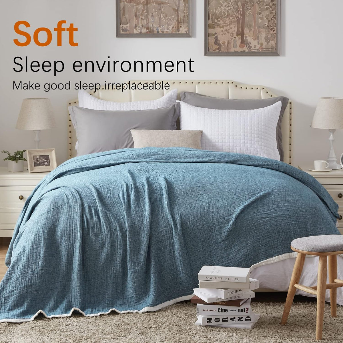 SE SOFTEXLY Muslin Throw Blanket, 4-Layer Dyed Yarn, 50”x60”, Denim Blue
