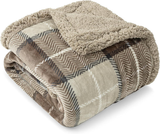 PAVILIA Twin Plaid Sherpa Throw Blanket for Couch Sofa Bed, Taupe, 60x80