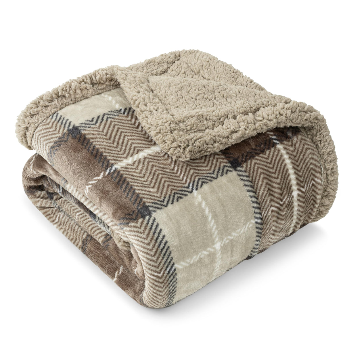 PAVILIA Twin Plaid Sherpa Throw Blanket for Couch Sofa Bed, Taupe, 60x80