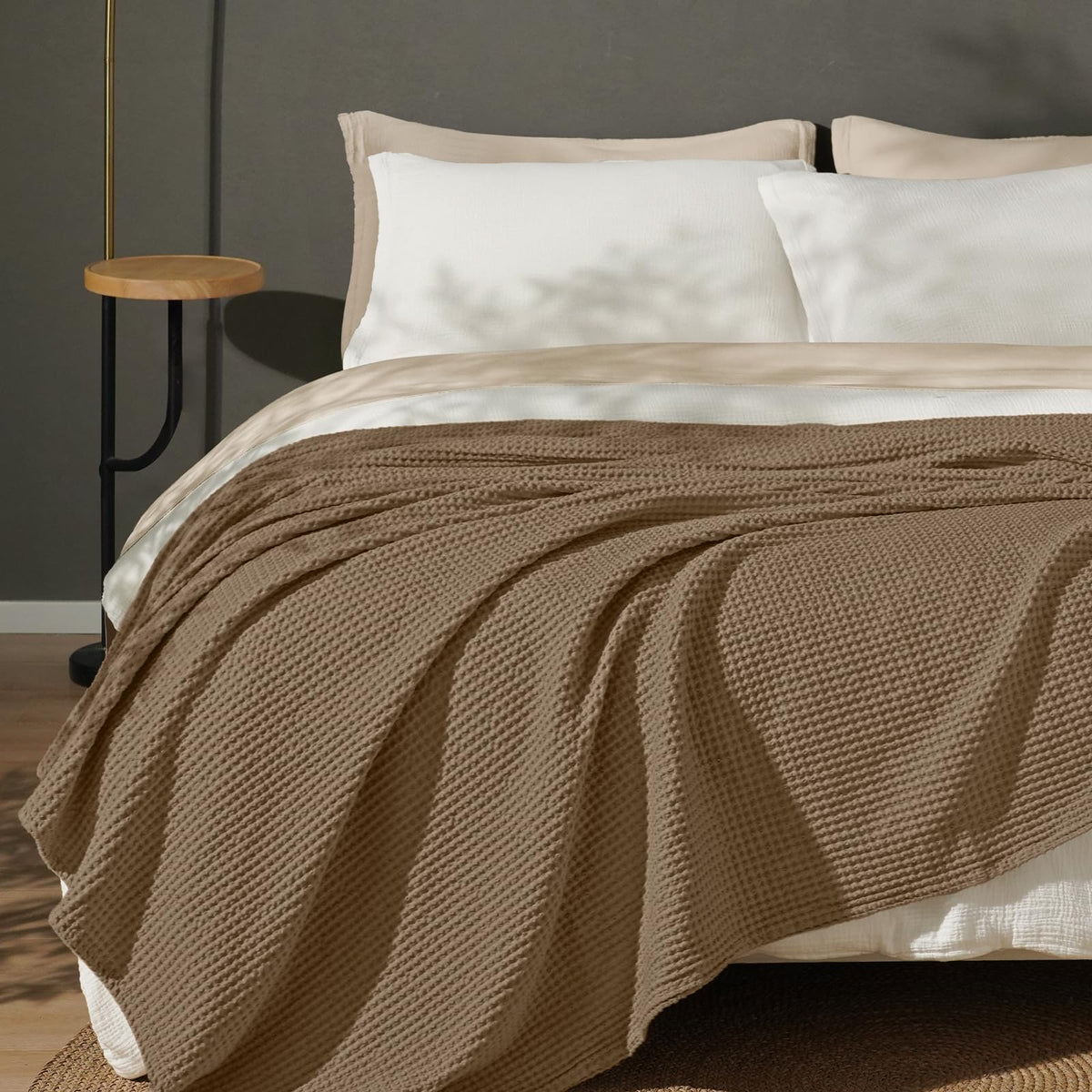 PHF 100% Cotton Waffle Blanket Lightweight Breathable, Queen Linen/Stone