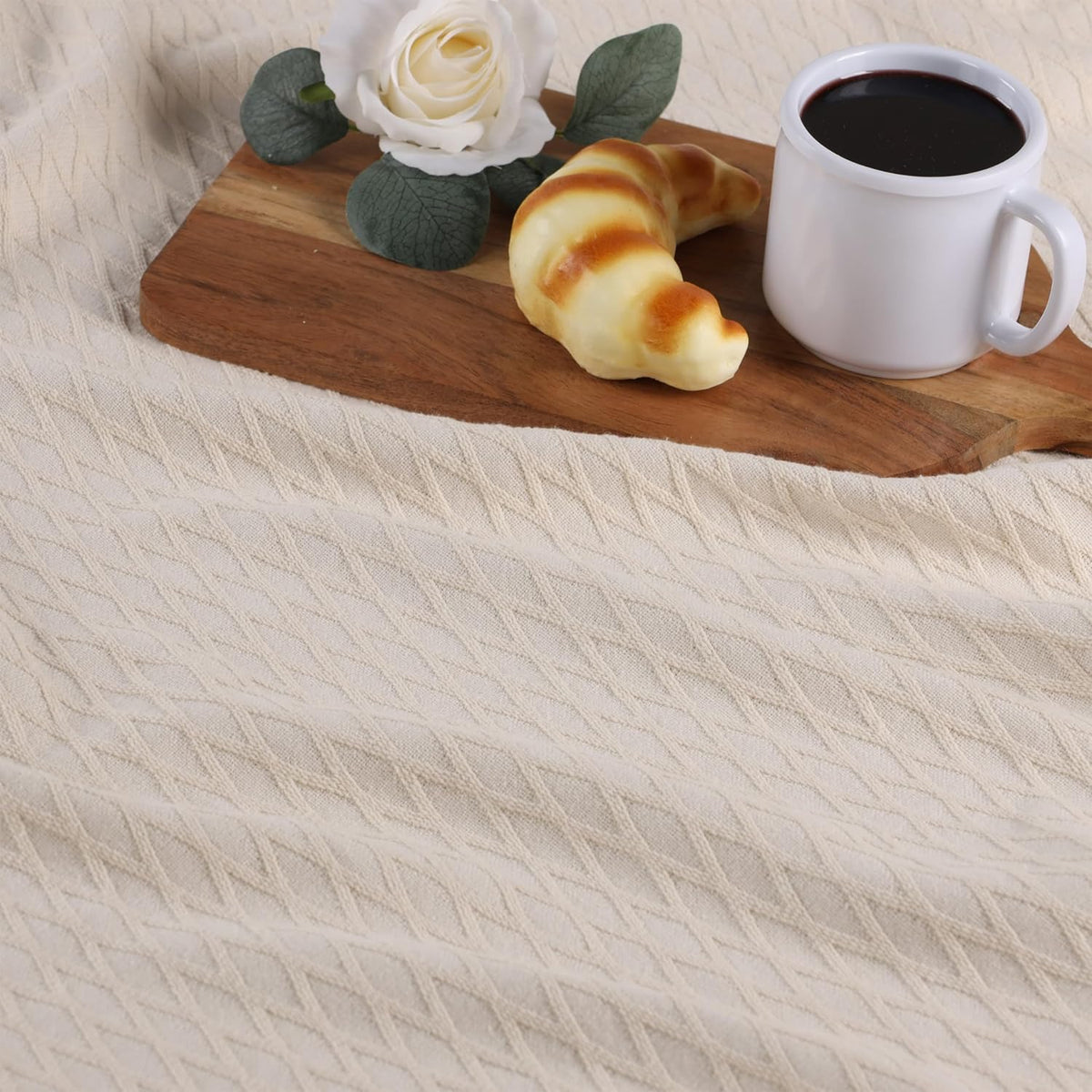 Superior Diamond Weave All-Season Cotton Blanket, Cover for Home, Couch, Bed, Soft, Warm Blankets, Boho Aesthetic, Comfy, Cozy, and Cute Covers, Decorative Bedding Essentials, Full/Queen, Ivory