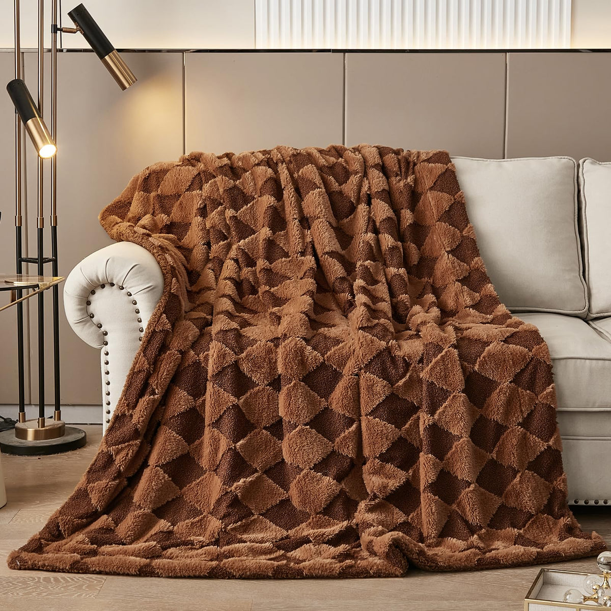 PU MEI Sherpa Fleece Throw Blanket 60" x 80" Reversible Plush Fluffy Large Big Blanket Lattice Flannel Blankets for Sofa Couch Bed (Grey-Soft Blue, 60"*80")