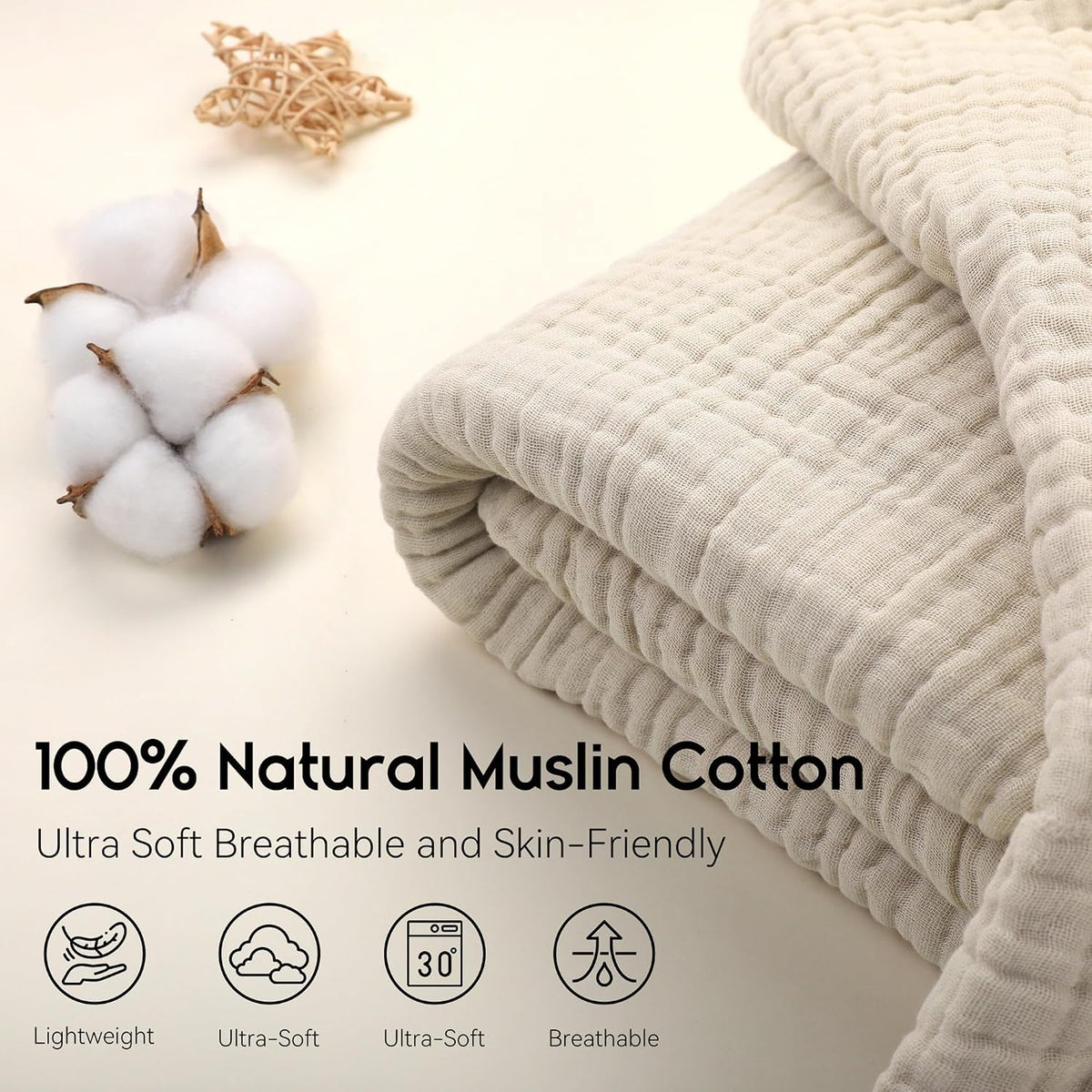 Yoofoss Muslin Blanket 100% Organic Cotton Large Twin Size 60" x 80" for Bed Couch Summer Gauze Blanket for Adults Lightweight and Breathable Apricot White