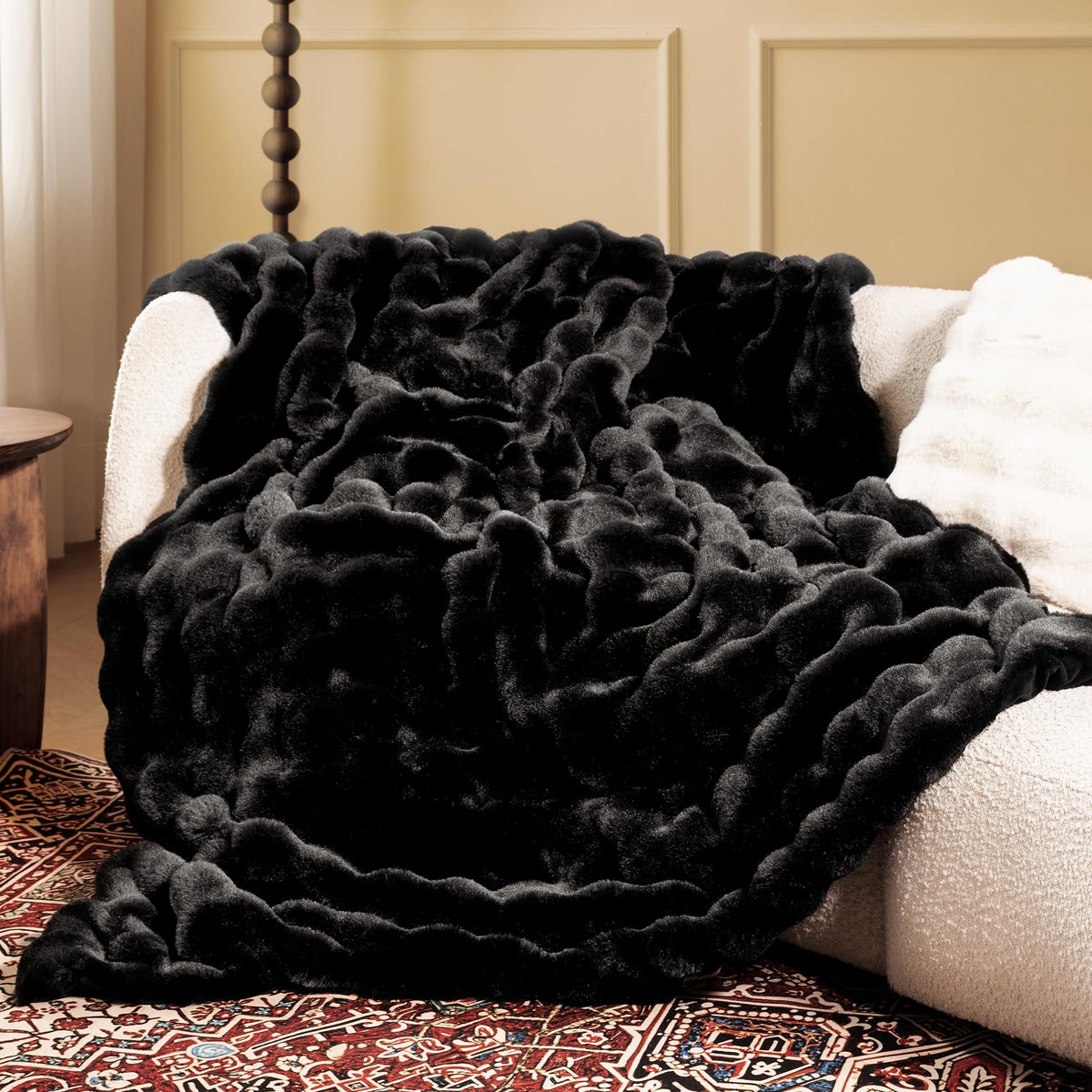 Ultra Soft Cozy Faux Fur Throw Blanket, Fuzzy Plush Thick Bubble Blanket, Luxury Fluffy Blanket for Couch, Sofa, Bedroom, and Living Room, 50x60 Inches, Cream White