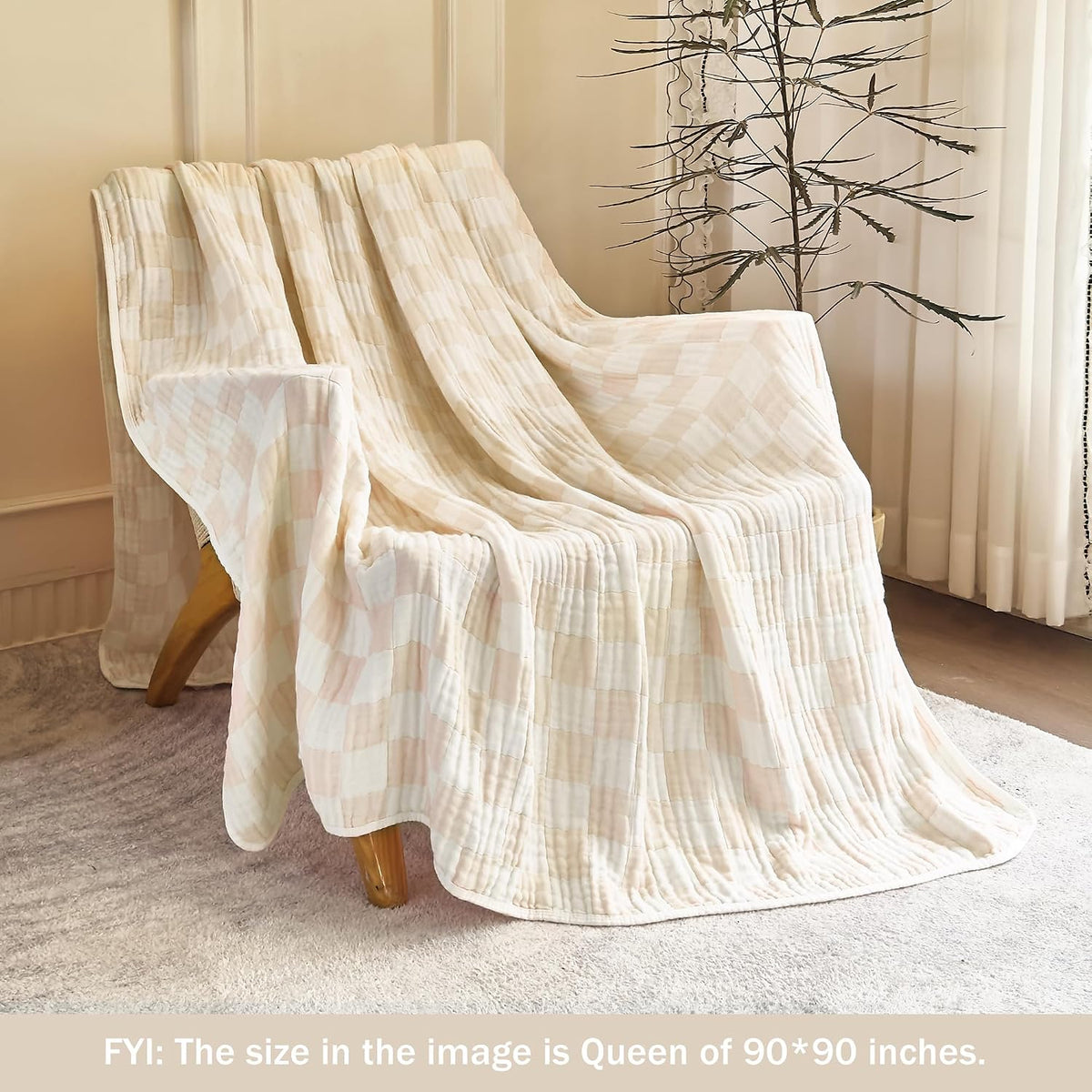 SANACYNA Cotton Muslin Throw Blanket for Adults 6-Layer Gauze Checkerboard