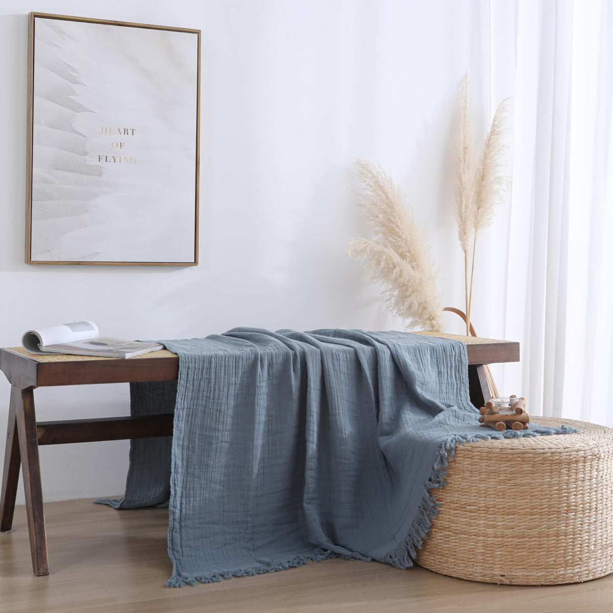 100% Cotton Muslin Throw Blanket for Bed, Couch, Small, Decorative, Soft, Pre-Washed, Breathable and Lightweight Gauze Blanket with Fringes(Linen Grey, 50"x60")