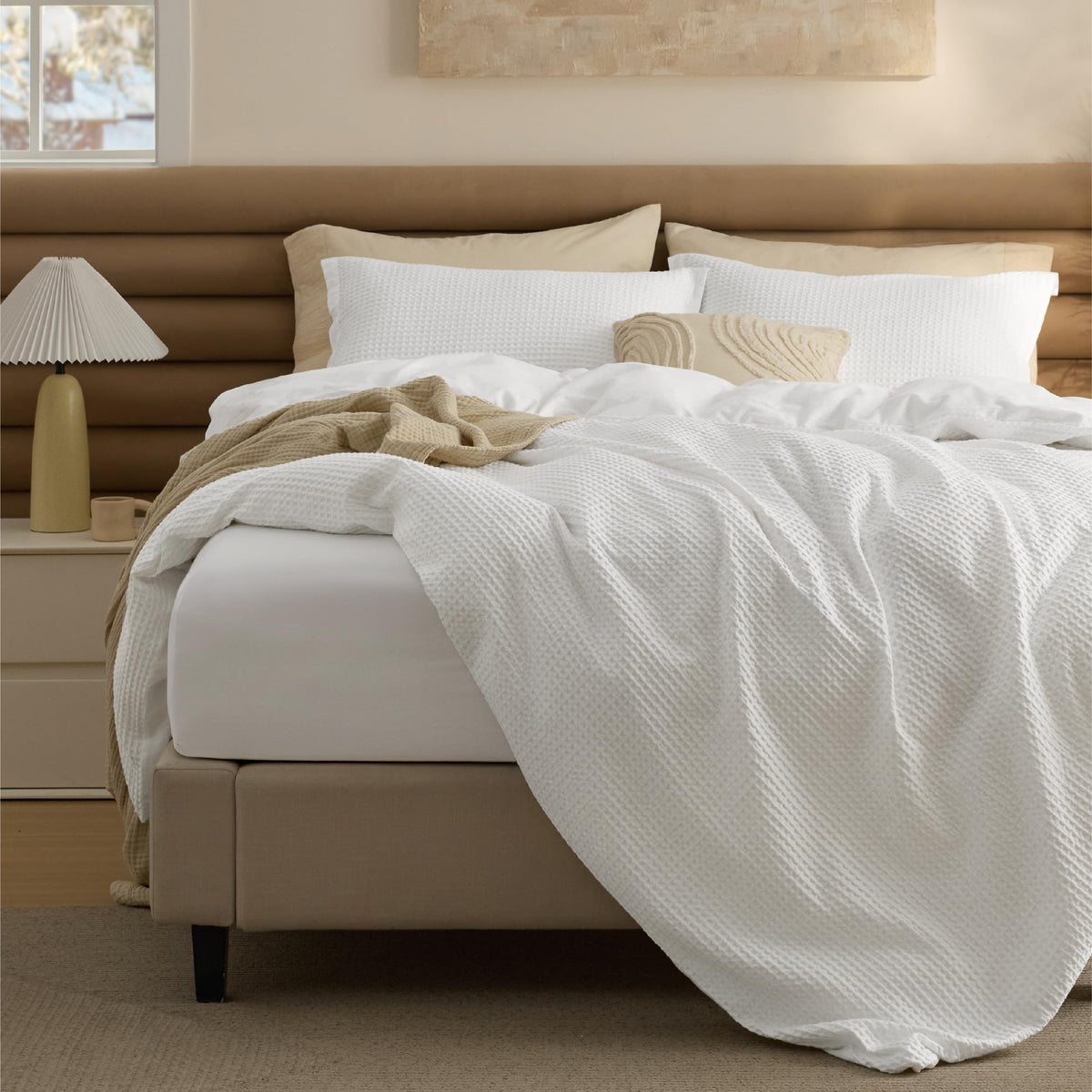 Bedsure PureWoven 3 Pieces 100% Cotton Waffle Duvet Cover Set, Queen, Linen