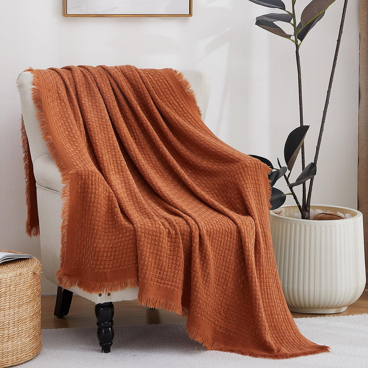 100% Cotton Muslin Throw Blanket for Bed, Couch, Small, Decorative, Soft, Pre-Washed, Breathable and Lightweight Gauze Blanket with Fringes(Linen Grey, 50"x60")