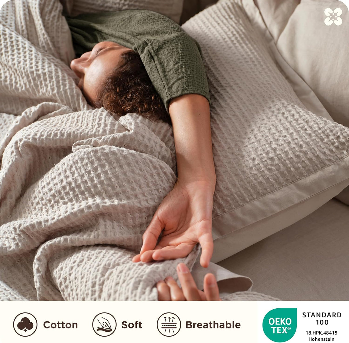 Bedsure PureWoven 3 Pieces 100% Cotton Waffle Duvet Cover Set, Queen, Linen