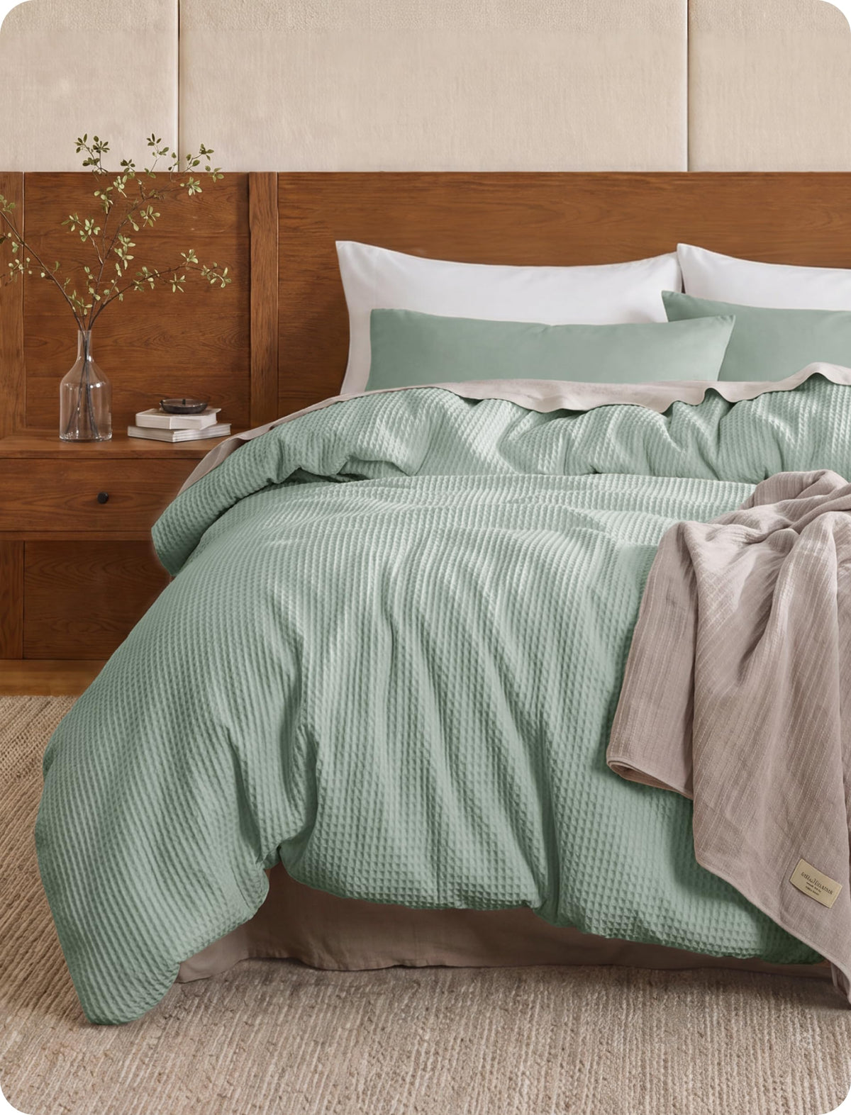 Bedsure PureWoven 3 Pieces 100% Cotton Waffle Duvet Cover Set, Queen, Linen