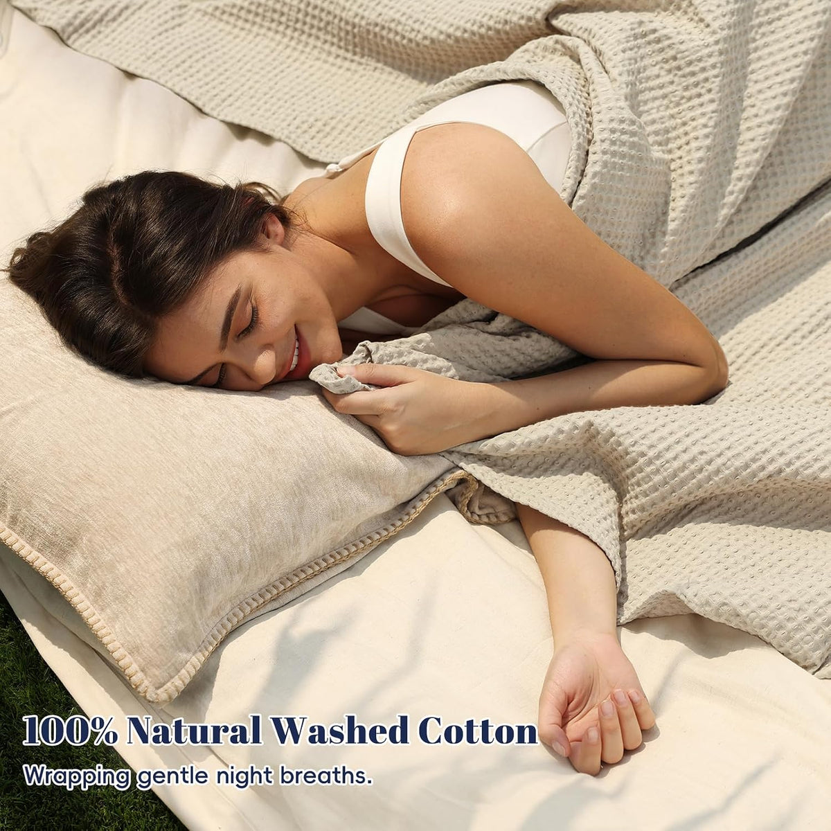 PHF 100% Cotton Waffle Blanket Lightweight Breathable, Queen Linen/Stone