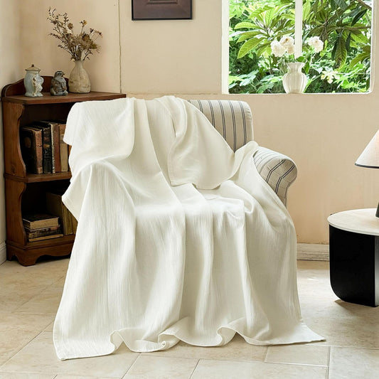 Simple&Opulence Linen Cotton Throw Blanket with Double Layered Folded Edge for Couch/Bed/Sofa/Gift, Natural Flax Solid Color Soft Breathable Cozy Farmhouse Home Décor - White, 50"x60"