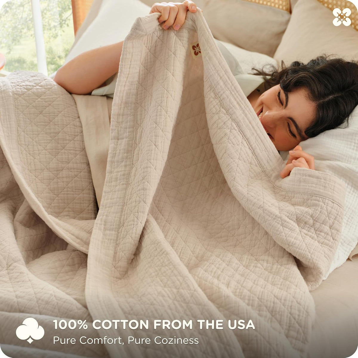 Bedsure PureWoven 100% Cotton Muslin Blanket 8-Layer, King, Linen Beige