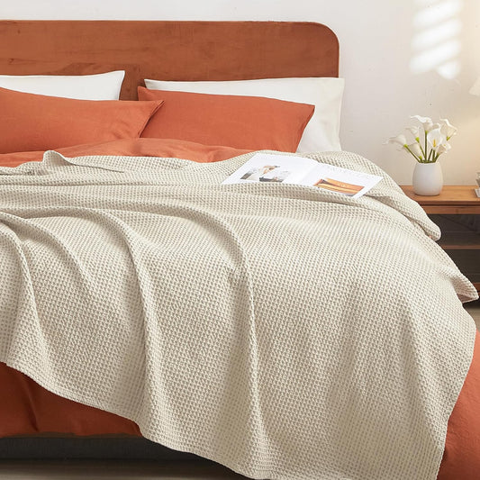 PHF 100% Cotton Waffle Blanket Lightweight Breathable, Queen Linen/Stone