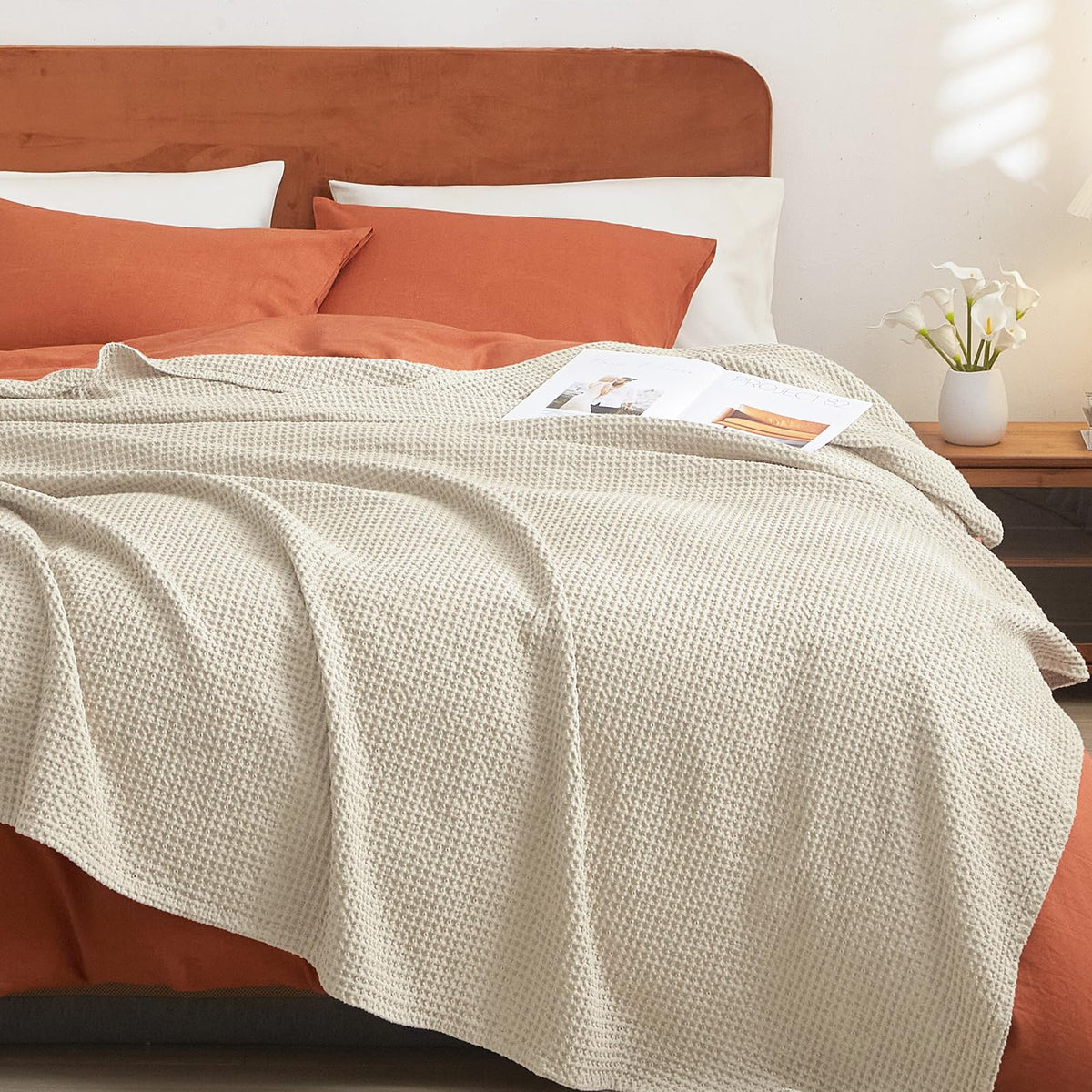 PHF 100% Cotton Waffle Blanket Lightweight Breathable, Queen Linen/Stone