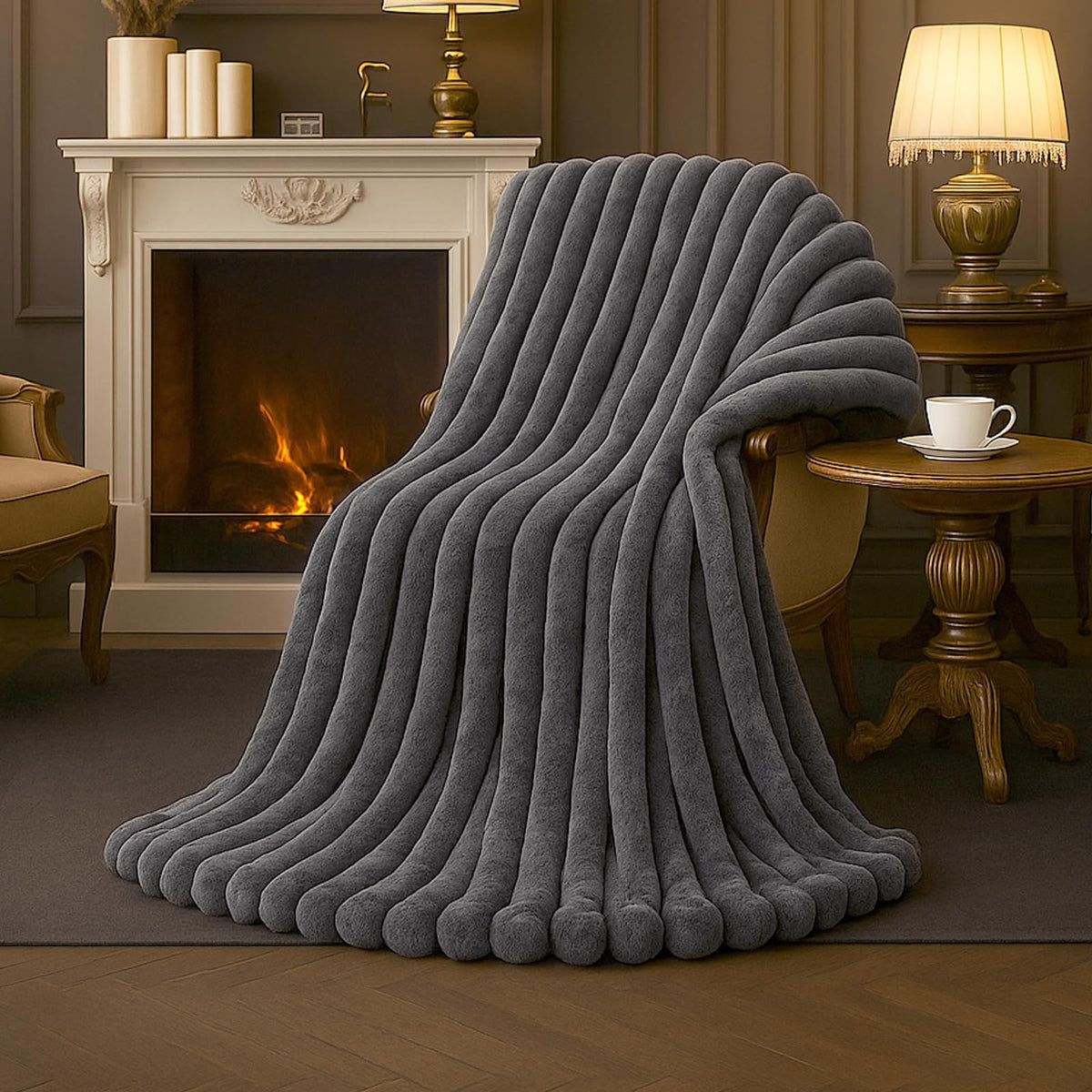 Amélie Home Soft Striped Faux Fur Throw Blanket for Couch, Ivory, 55"x70"