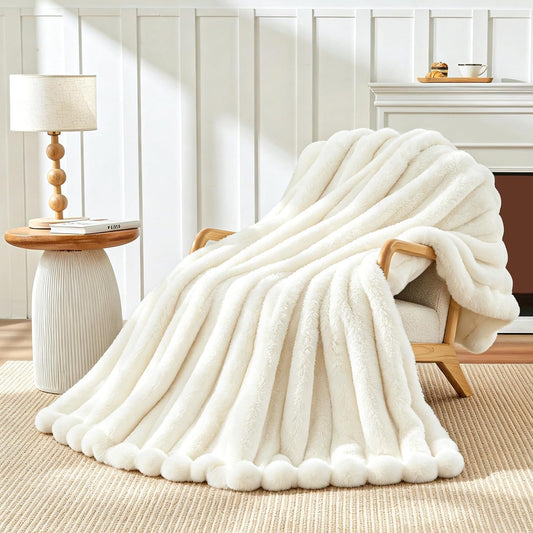 Touchat Faux Rabbit Fur Throw Blanket for Couch,Soft Fluffy Cream White