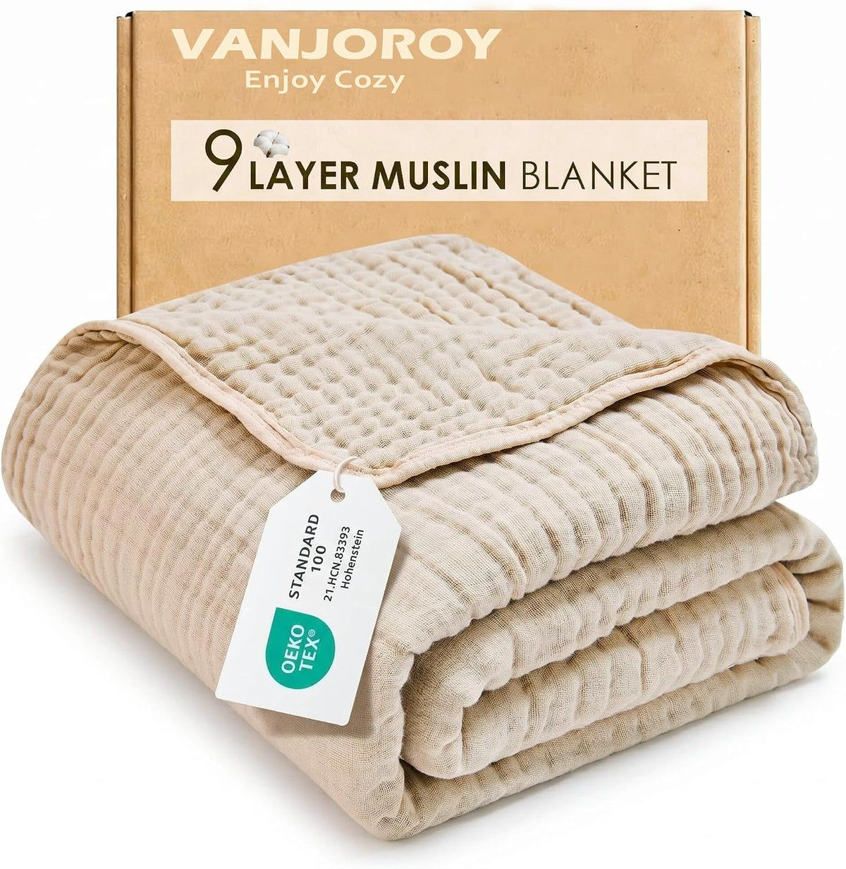VANJOROY Muslin Throw Blanket for Adults, 100% Cotton 9-Layer 50x70, Beige