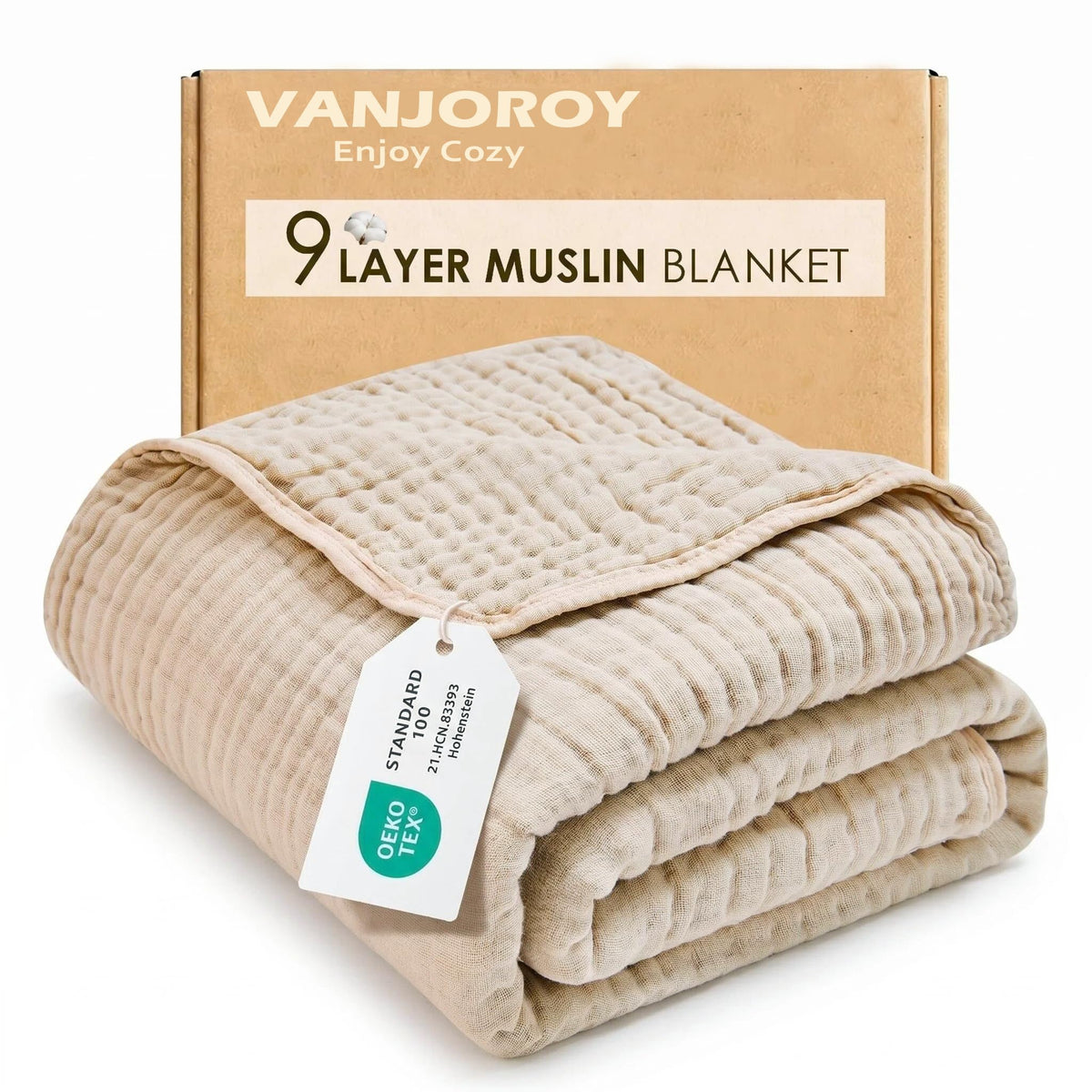 VANJOROY Muslin Throw Blanket for Adults, 100% Cotton 9-Layer 50x70, Beige