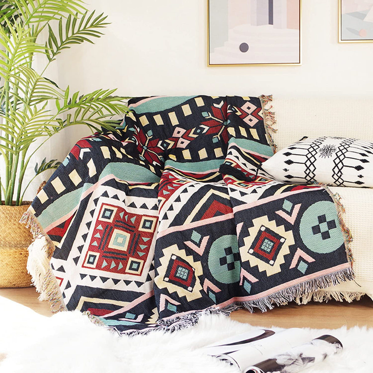 Luxlovery Aztec Sofa Throw Blankets Blue Ethnic Woven Boho Dusty Blue Color Bohemian Woven Throw Blanket for Couch Aztec Bed Throws Oversized Chair Sofa Cover with Tassels(63"x102")