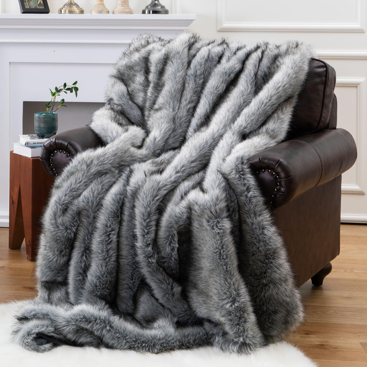 BATTILO Large Brown Faux Fur Throw Blanket for Bed, 60"x80", Shaggy