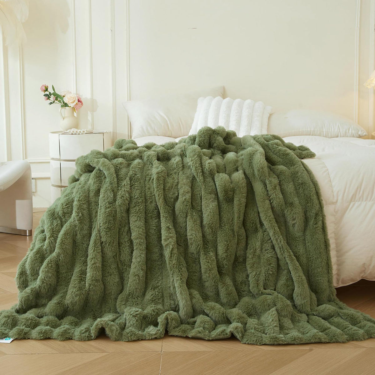MEGO Fluffy Faux Rabbit Fur Ribbed Throw Blanket 50"x60", Rainbow