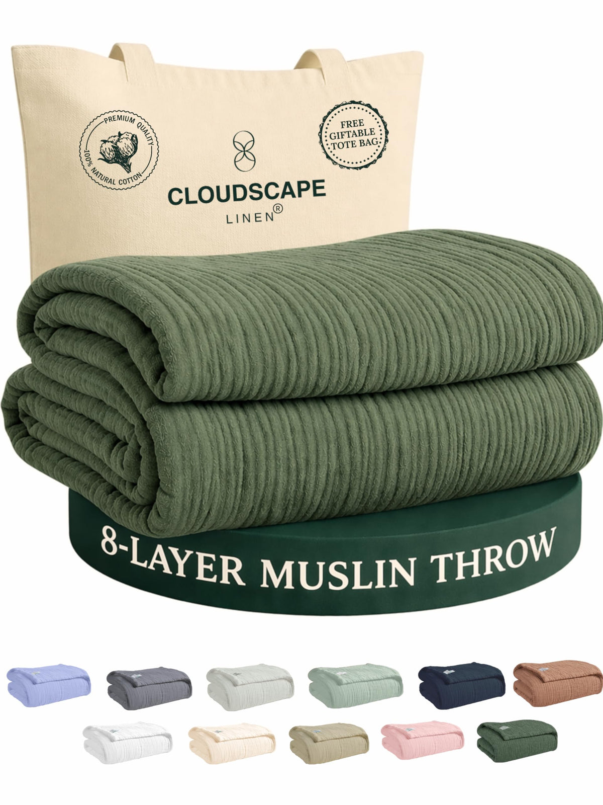 CLOUDSCAPE 8 Layer Muslin Blanket Queen Size, Gauze, Cotton 92"x92" - Ivory