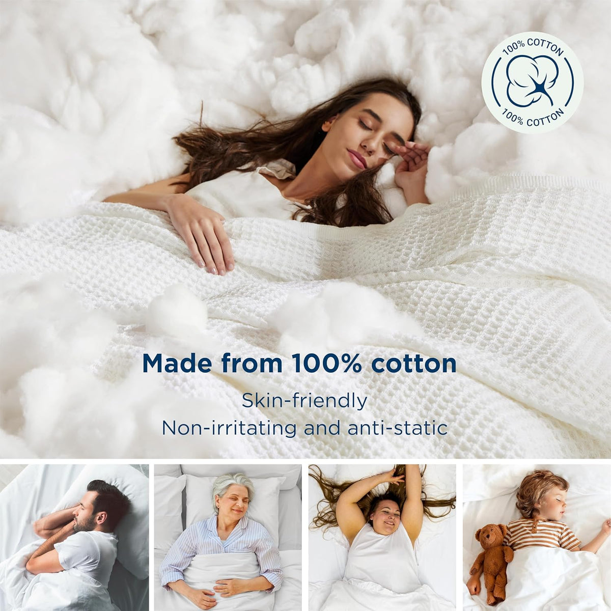 Bedsure 100% Cotton Throw Blanket for Couch, Waffle Weave, White, 50"x70"