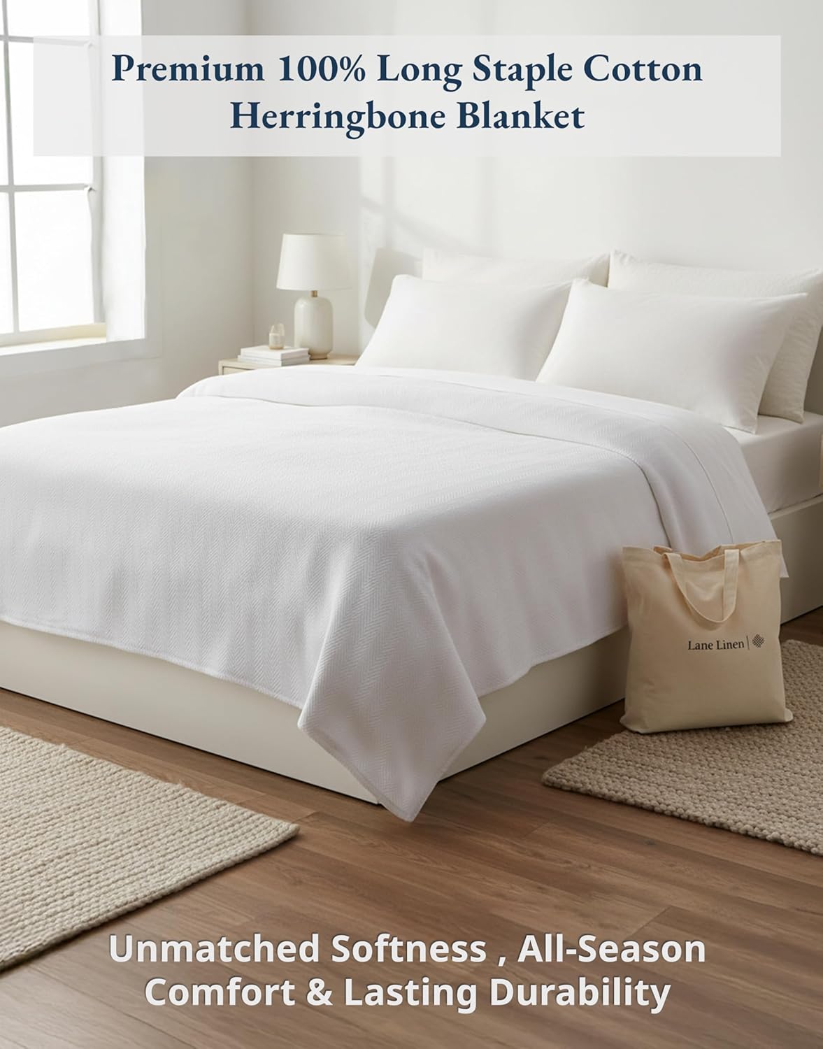LANE LINEN Queen Size Blankets for Bed, 100% Cotton Herringbone Weave