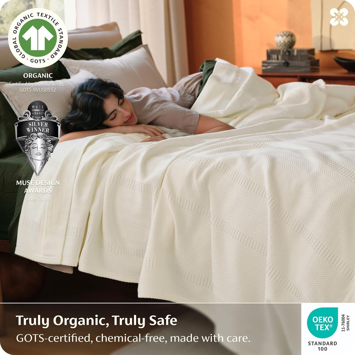 Bedsure PureWoven 100% Organic Cotton Waffle Luxury Blanket, King, White